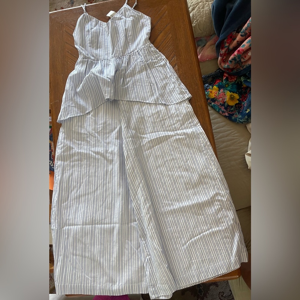 English Factory White Jumpsuit with Blue Pinstripes - Picture 2 of 9